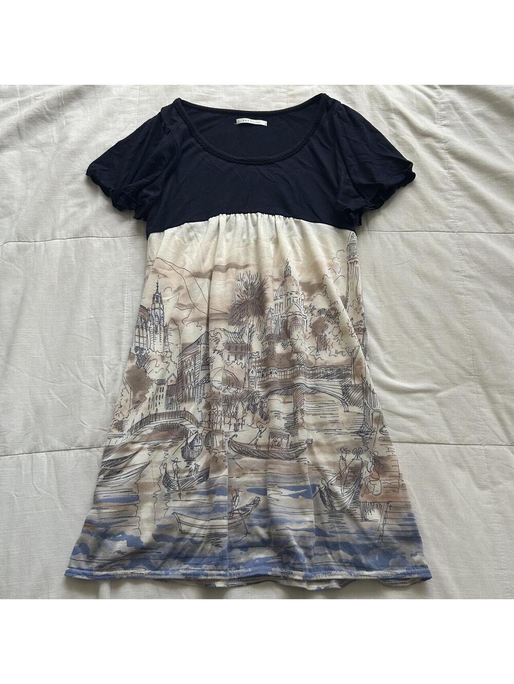 Axes Femme Navy Cream Scenic Cityscape Print Puff Sleeve Dress M Japan